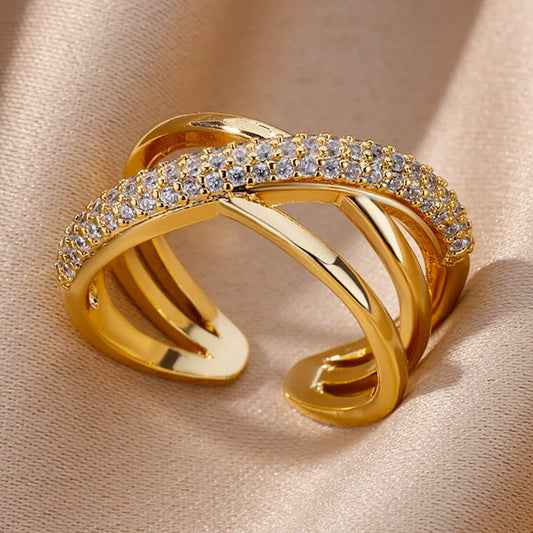Luxury Crystal Ring, Gold-Tone Plated Brass with Cubic Zirconia, Universal Fit